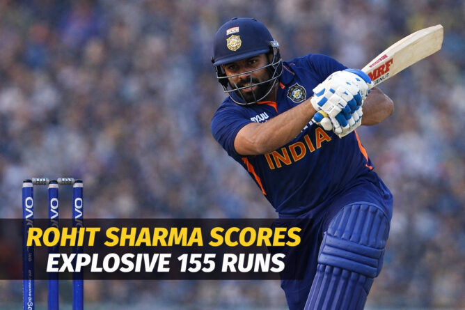 Rohit Sharma hitting a big shot, scoring 155 runs